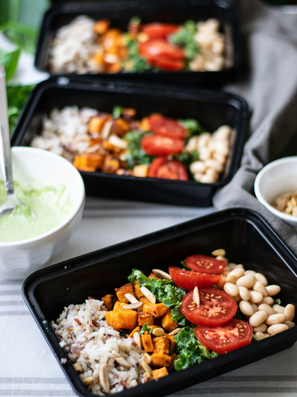 Grain bowls with roasted vegetables, ready for lunch